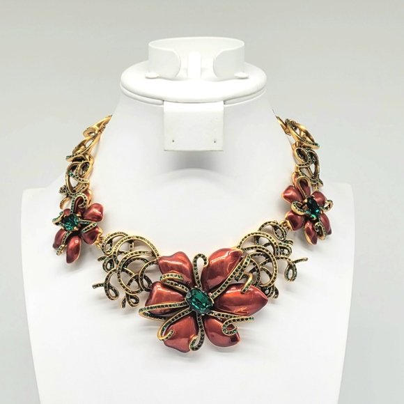 Oscar de la Renta Red Enamel Emerald Swarovski Crystal Flower Statement Necklace - Picture 9 of 13